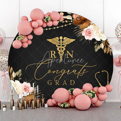 Aperturee - Aperturee Black and Gold Congrats Grad RN Round Backdrop with Stethoscope and Elegant Floral Decor for Nurse Graduation Party