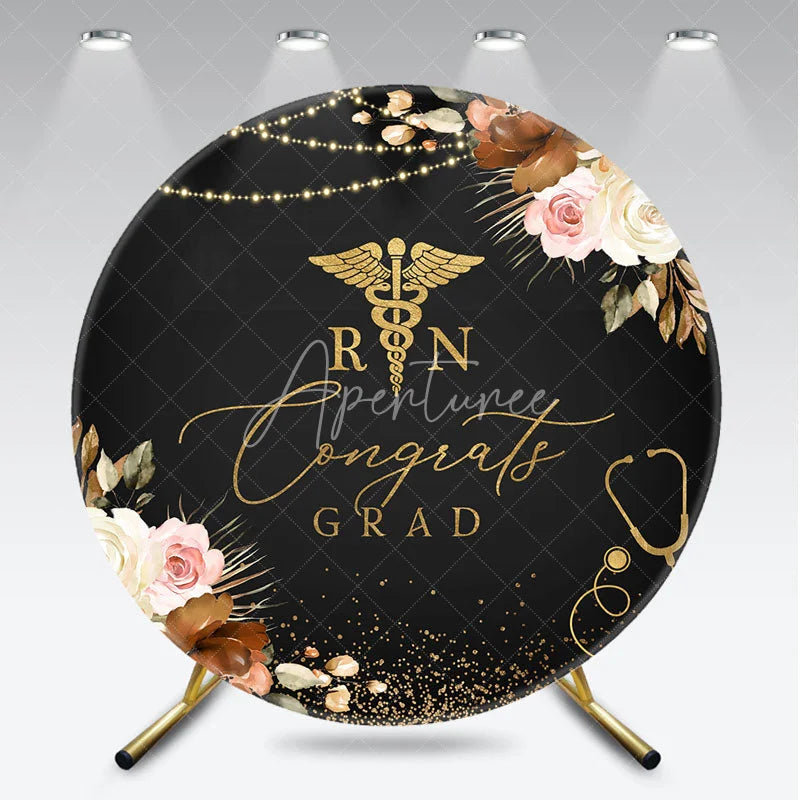 Aperturee - Aperturee Black and Gold Congrats Grad RN Round Backdrop with Stethoscope and Elegant Floral Decor for Nurse Graduation Party