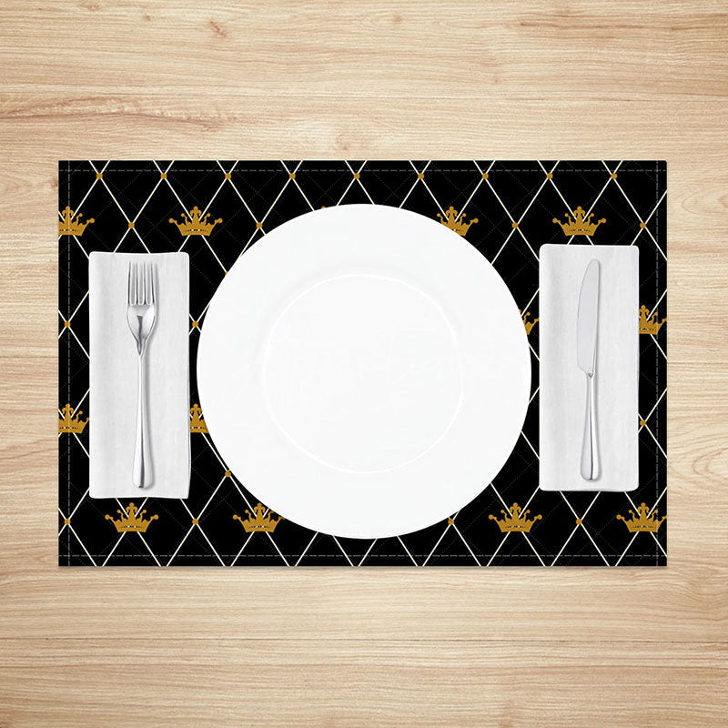 Aperturee - Aperturee Black and Gold Crown Placemats Set of 4 Elegant Repeating Pattern for Royal Themed Party and Events