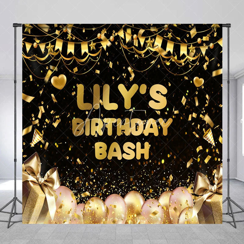 Aperturee - Aperturee Black and Gold Custom Birthday Backdrop with Confetti Balloons and Gift Boxes for a Personalized Celebration