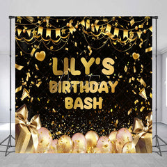 Aperturee - Aperturee Black and Gold Custom Birthday Backdrop with Confetti Balloons and Gift Boxes for a Personalized Celebration