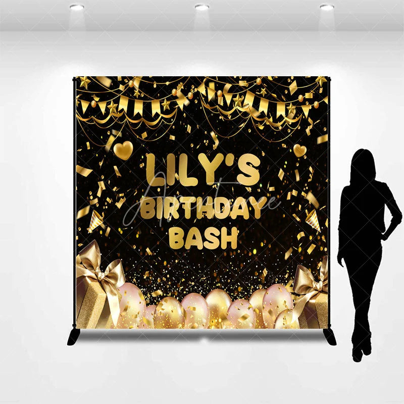 Aperturee - Aperturee Black and Gold Custom Birthday Backdrop with Confetti Balloons and Gift Boxes for a Personalized Celebration