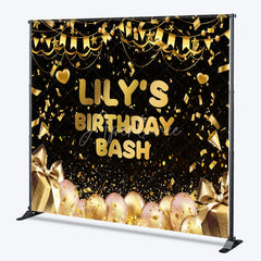 Aperturee - Aperturee Black and Gold Custom Birthday Backdrop with Confetti Balloons and Gift Boxes for a Personalized Celebration