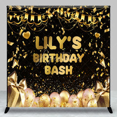 Aperturee - Aperturee Black and Gold Custom Birthday Backdrop with Confetti Balloons and Gift Boxes for a Personalized Celebration