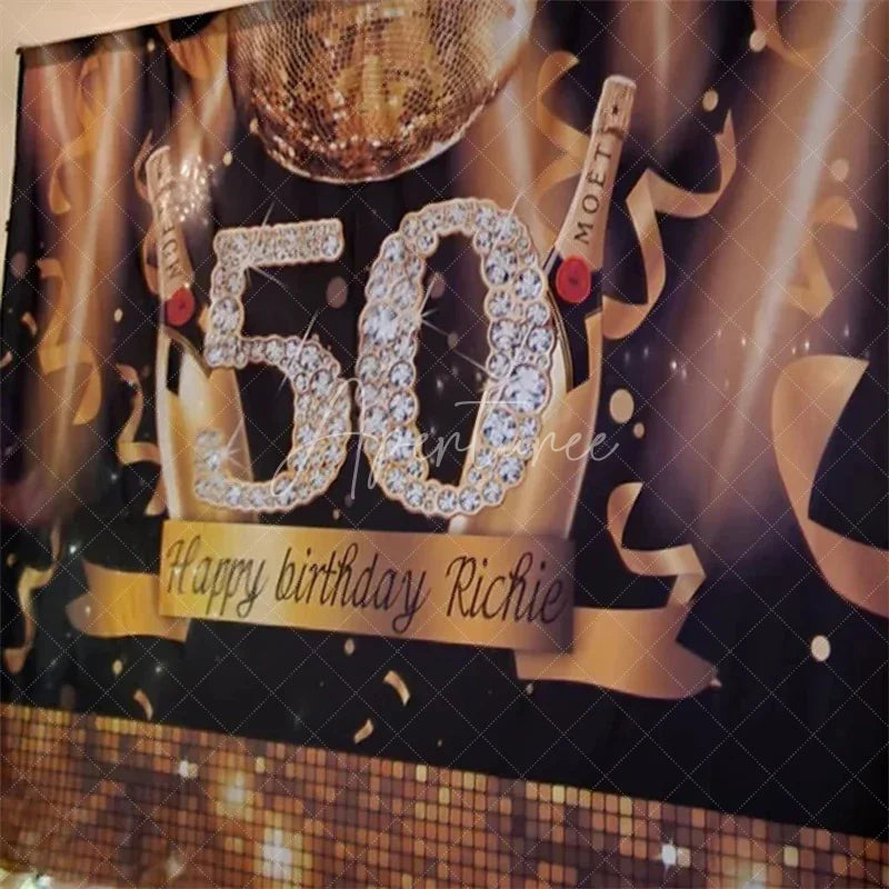 Aperturee - Aperturee Black and Gold Glitter 50th Birthday Backdrop with Diamond Numbers Elegant Champagne Disco Ball Party Decor