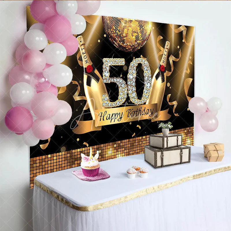 Aperturee - Aperturee Black and Gold Glitter 50th Birthday Backdrop with Diamond Numbers Elegant Champagne Disco Ball Party Decor