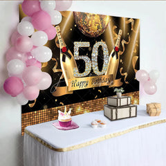 Aperturee - Aperturee Black and Gold Glitter 50th Birthday Backdrop with Diamond Numbers Elegant Champagne Disco Ball Party Decor