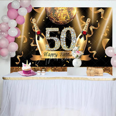 Aperturee - Aperturee Black and Gold Glitter 50th Birthday Backdrop with Diamond Numbers Elegant Champagne Disco Ball Party Decor