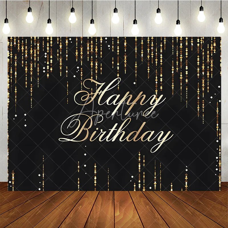 Aperturee - Aperturee Black and Gold Glitter Happy Birthday Backdrop Shining Sequin Rain Photography Background