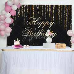 Aperturee - Aperturee Black and Gold Glitter Happy Birthday Backdrop Shining Sequin Rain Photography Background