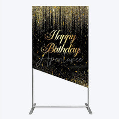 Aperturee - Aperturee Black and Gold Glitter Happy Birthday Rectangle Arch Backdrop Elegant Confetti Party Decoration for Celebrations