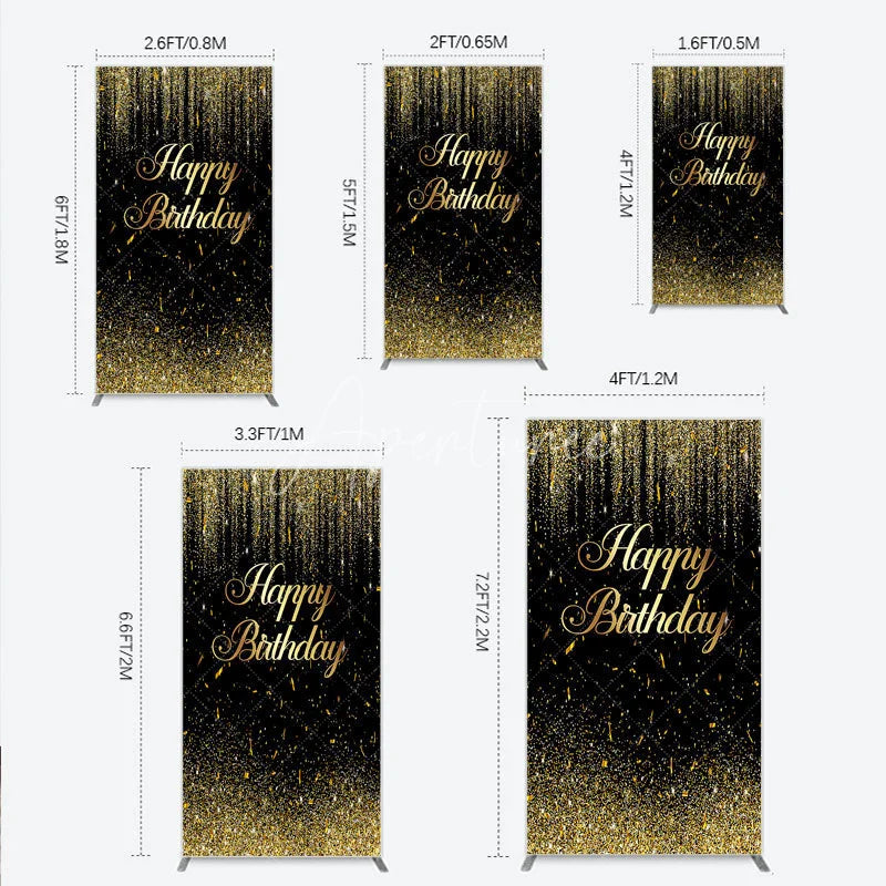 Aperturee - Aperturee Black and Gold Glitter Happy Birthday Rectangle Arch Backdrop Elegant Confetti Party Decoration for Celebrations