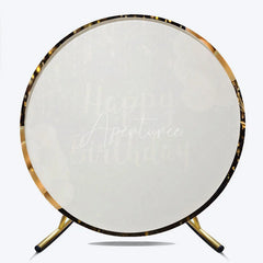 Aperturee - Aperturee Black and Gold Happy Birthday Round Backdrop Glitter Bokeh Lights and Balloons Party Cover