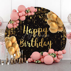 Aperturee - Aperturee Black and Gold Happy Birthday Round Backdrop Glitter Bokeh Lights and Balloons Party Cover
