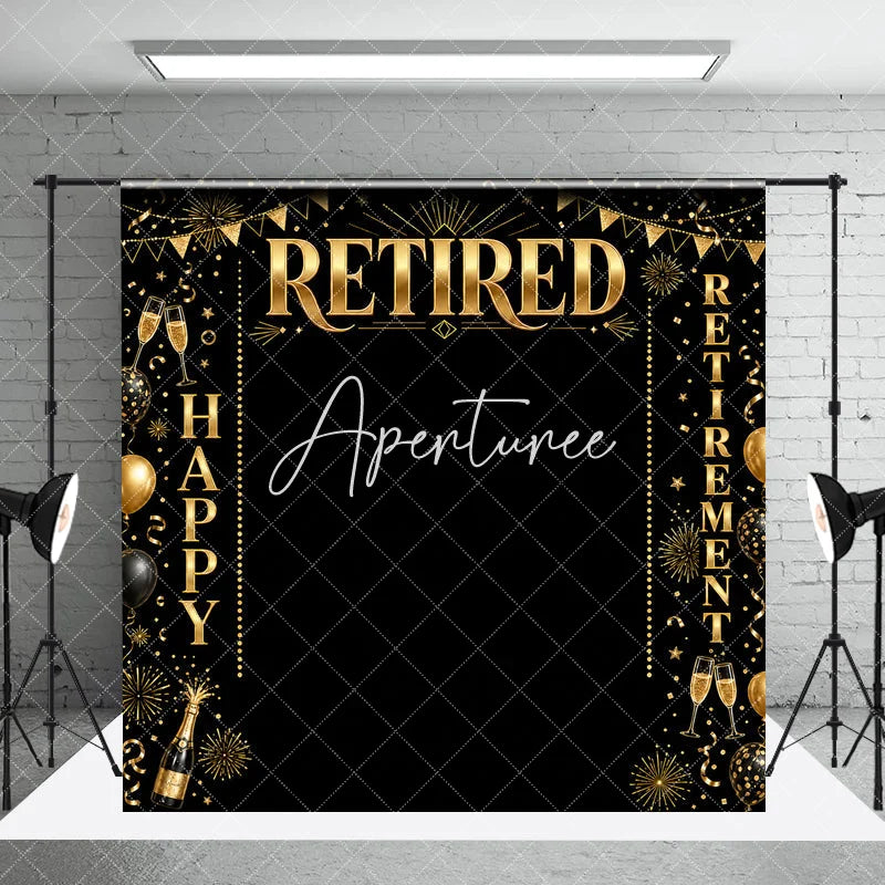 Aperturee - Aperturee Black and Gold Happy Retirement Celebration Holiday Backdrop Elegant Party Decor with Balloons and Champagne