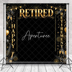 Aperturee - Aperturee Black and Gold Happy Retirement Celebration Holiday Backdrop Elegant Party Decor with Balloons and Champagne