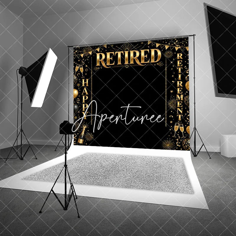 Aperturee - Aperturee Black and Gold Happy Retirement Celebration Holiday Backdrop Elegant Party Decor with Balloons and Champagne