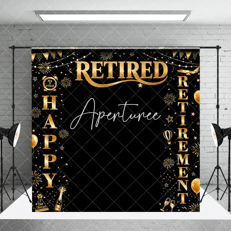 Aperturee - Aperturee Black and Gold Happy Retirement Party Holiday Backdrop with Fireworks Champagne and Elegant Celebration Decor