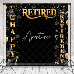 Aperturee - Aperturee Black and Gold Happy Retirement Party Holiday Backdrop with Fireworks Champagne and Elegant Celebration Decor