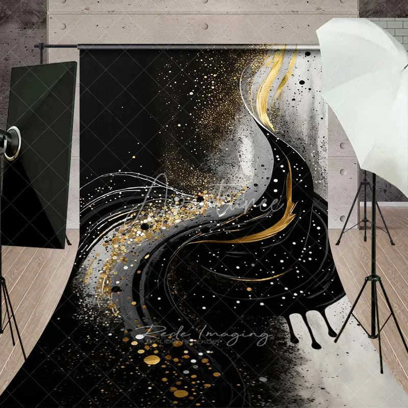Aperturee - Aperturee Black and Gold Liquid Swirl Abstract Backdrop Thick Paint Drips Art Photography Background