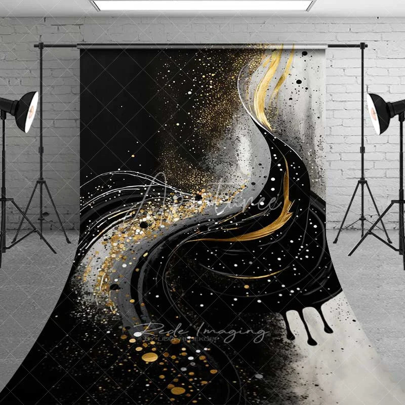 Aperturee - Aperturee Black and Gold Liquid Swirl Abstract Backdrop Thick Paint Drips Art Photography Background