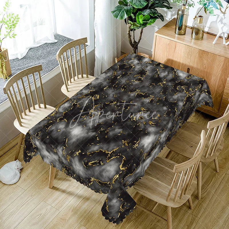Aperturee - Aperturee Black and Gold Marble Rectangle Tablecloth with Faux Wave Edge for Luxury and Elegant Party Decor