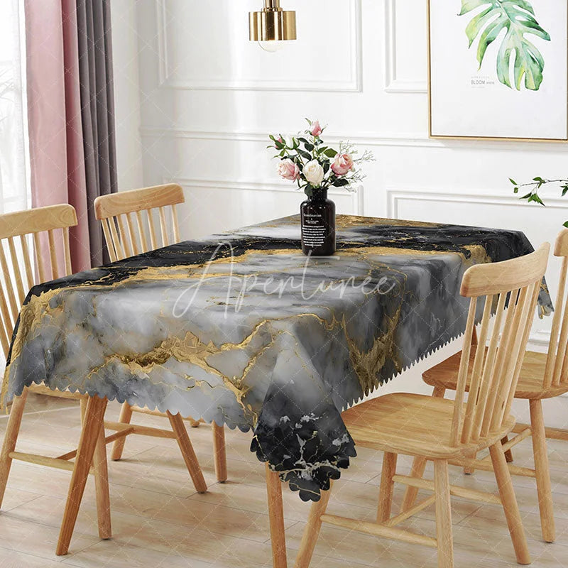 Aperturee - Aperturee Black and Gold Marble Texture Rectangle Tablecloth Luxury Stone Vein Table Cover Modern Formal Decor