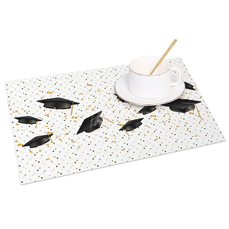 Aperturee - Aperturee Black And Gold Mortarboard Scroll Set of 4 Placemats