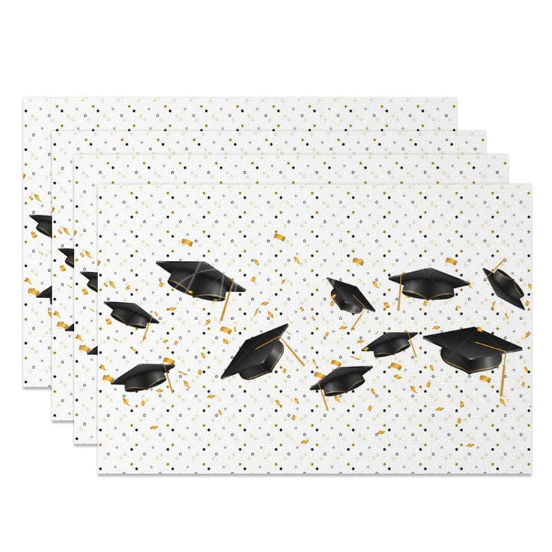 Aperturee - Aperturee Black And Gold Mortarboard Scroll Set of 4 Placemats