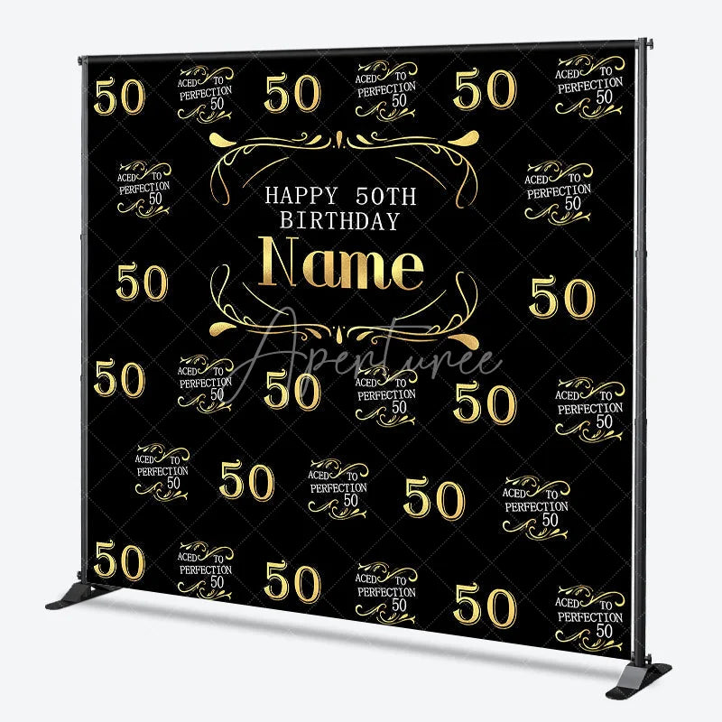 Aperturee - Aperturee Black and Gold Personalized Happy 50th Birthday Custom Backdrop Elegant Aged to Perfection Party Decor