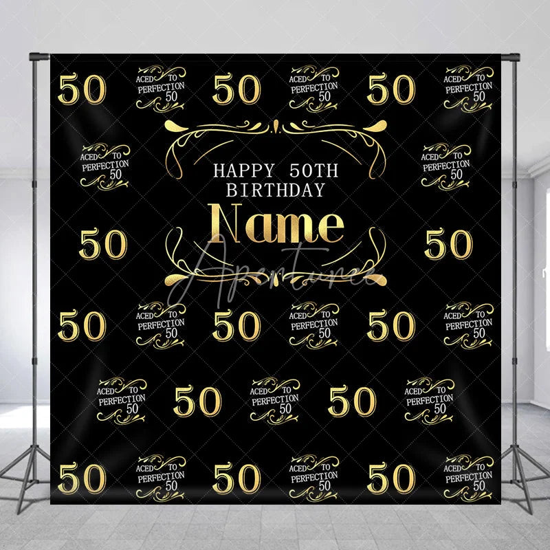 Aperturee - Aperturee Black and Gold Personalized Happy 50th Birthday Custom Backdrop Elegant Aged to Perfection Party Decor