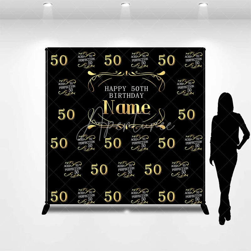 Aperturee - Aperturee Black and Gold Personalized Happy 50th Birthday Custom Backdrop Elegant Aged to Perfection Party Decor