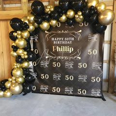 Aperturee - Aperturee Black and Gold Personalized Happy 50th Birthday Custom Backdrop Elegant Aged to Perfection Party Decor