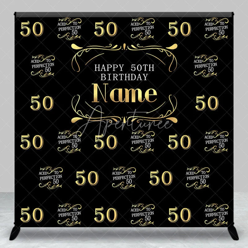 Aperturee - Aperturee Black and Gold Personalized Happy 50th Birthday Custom Backdrop Elegant Aged to Perfection Party Decor