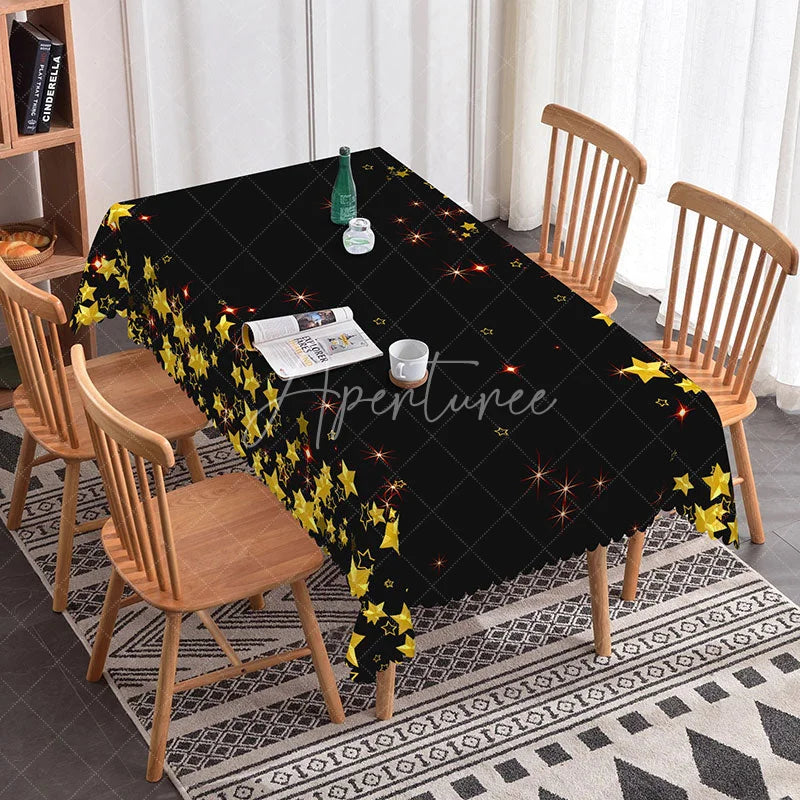 Aperturee - Aperturee Black and Gold Star Rectangle Tablecloth with Red Sparkles Elegant Festive Dinner Party Decor for Celebrations