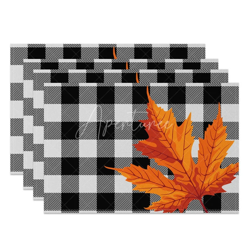 Aperturee - Aperturee Black and Gray Grid with Maple Leaves Set of 4 Placemats for Modern and Moody Fall and Autumn Decor