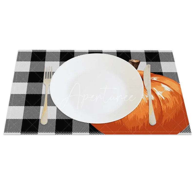 Aperturee - Aperturee Black and Gray Intersecting Grid with Pumpkins Set of 4 Placemats for Modern Farmhouse Fall Decor