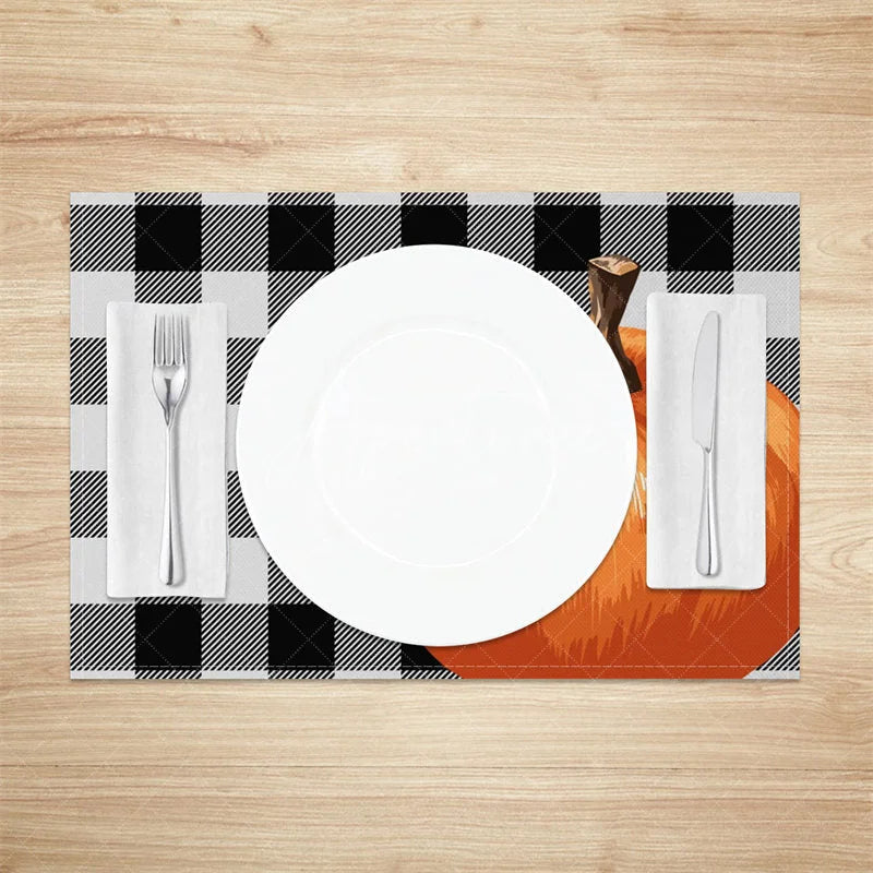 Aperturee - Aperturee Black and Gray Intersecting Grid with Pumpkins Set of 4 Placemats for Modern Farmhouse Fall Decor