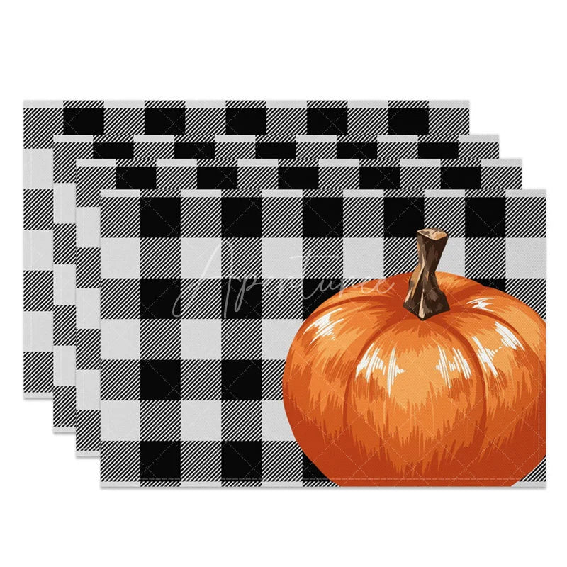 Aperturee - Aperturee Black and Gray Intersecting Grid with Pumpkins Set of 4 Placemats for Modern Farmhouse Fall Decor