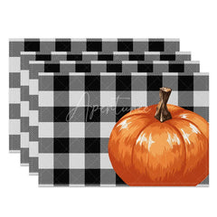 Aperturee - Aperturee Black and Gray Intersecting Grid with Pumpkins Set of 4 Placemats for Modern Farmhouse Fall Decor