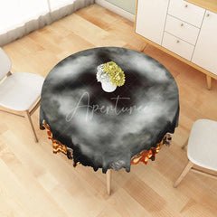 Aperturee - Aperturee Black and Gray Jack-o’-Lantern Halloween Round Tablecloth for Modern and Spooky Monochromatic Decor