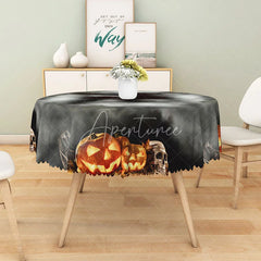 Aperturee - Aperturee Black and Gray Jack-o’-Lantern Halloween Round Tablecloth for Modern and Spooky Monochromatic Decor