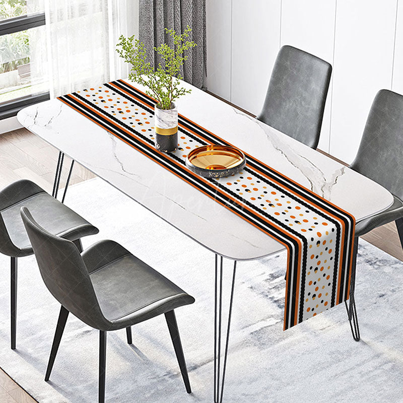 Aperturee - Aperturee Black and Orange Autumn Table Runner Stripes and Polka Dots Pattern Fun Halloween or Thanksgiving Party Decor