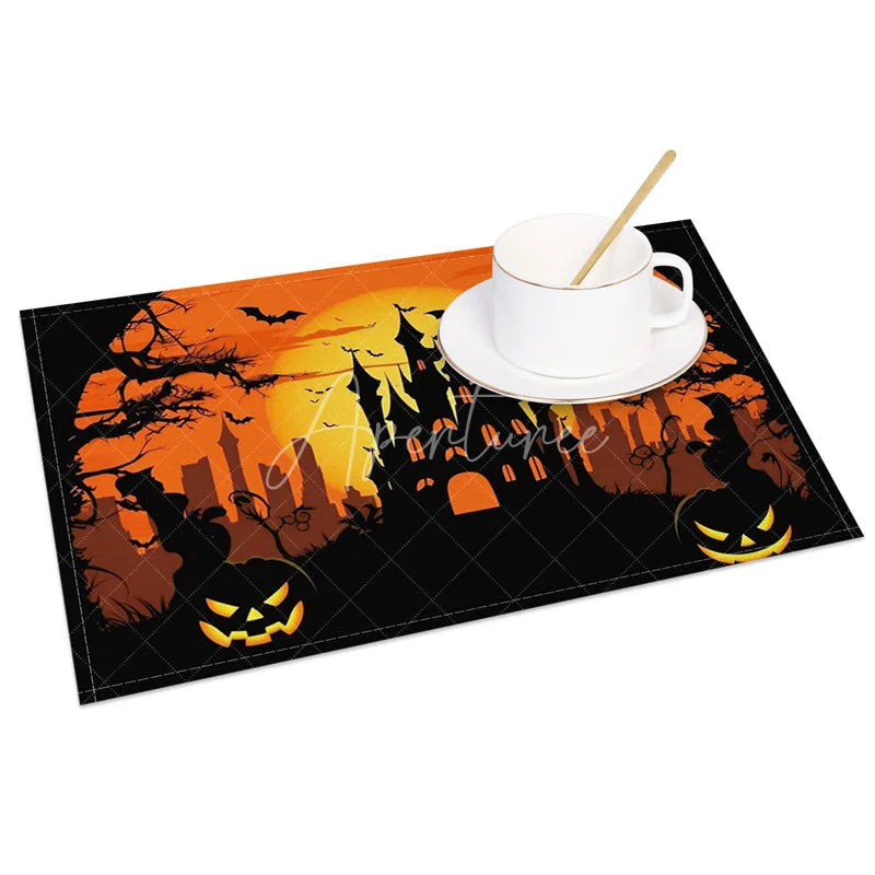 Aperturee - Aperturee Black and Orange Haunted Halloween Night Set of 4 Placemats for Spooky and Festive Holiday Party Decor