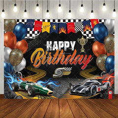 Aperturee - Aperturee Black and Orange Racing Car Happy Birthday Backdrop with Checkered Flag Trophy and Balloons for Party