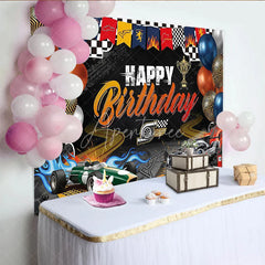 Aperturee - Aperturee Black and Orange Racing Car Happy Birthday Backdrop with Checkered Flag Trophy and Balloons for Party