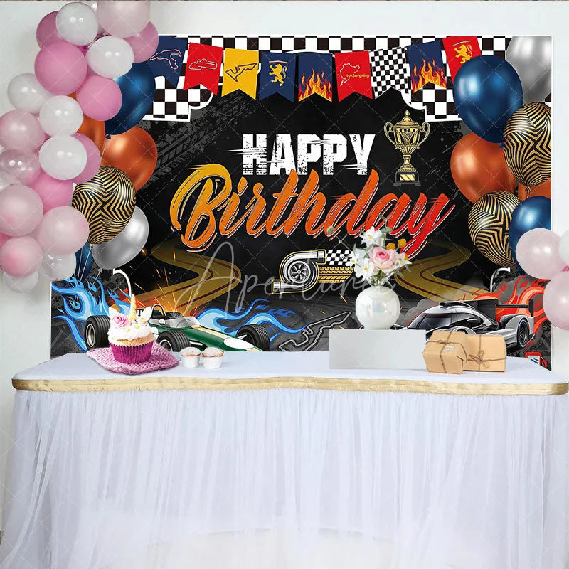 Aperturee - Aperturee Black and Orange Racing Car Happy Birthday Backdrop with Checkered Flag Trophy and Balloons for Party