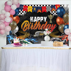Aperturee - Aperturee Black and Orange Racing Car Happy Birthday Backdrop with Checkered Flag Trophy and Balloons for Party