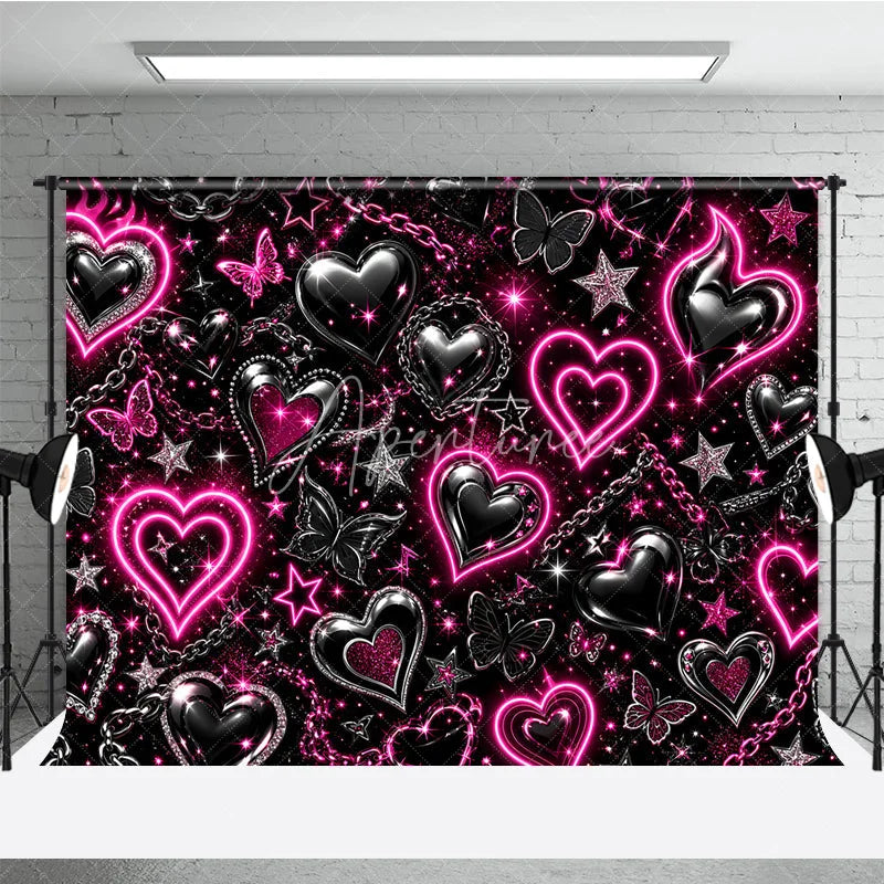 Aperturee - Aperturee Black and Pink Neon Y2K Glowing Heart Chain Holiday Backdrop Edgy Sparkling Butterfly Celebration Party Decor