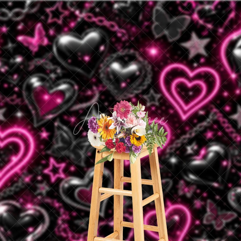 Aperturee - Aperturee Black and Pink Neon Y2K Glowing Heart Chain Holiday Backdrop Edgy Sparkling Butterfly Celebration Party Decor